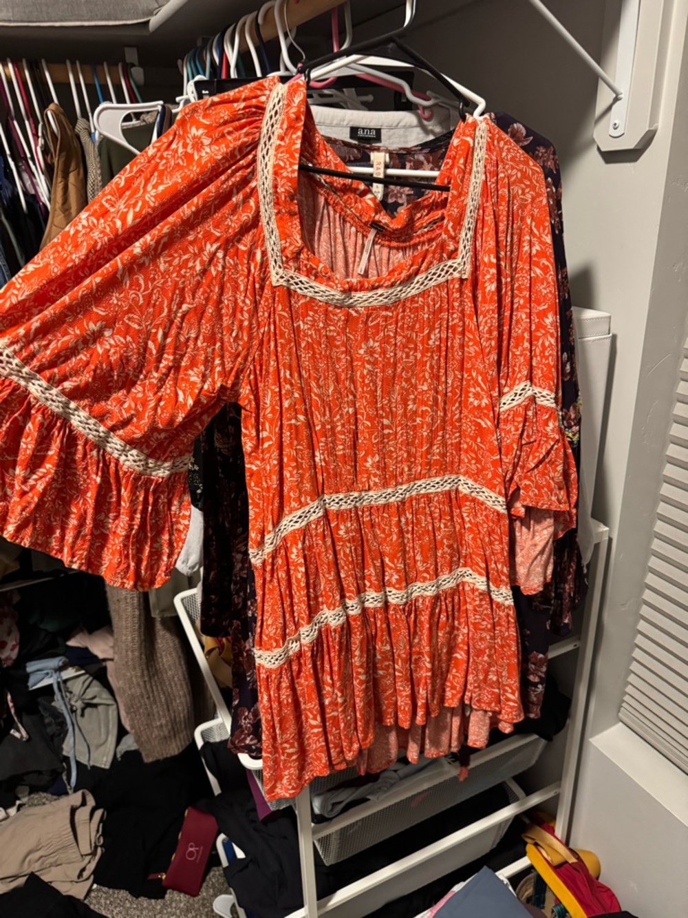 Free People Orange Boho Lace-Trim Peasant Top